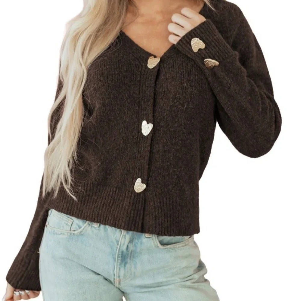 NWOT Chocolate Brown V-neck Cardigan Hammered Gold Heart Buttons Sz L - Picture 8 of 10